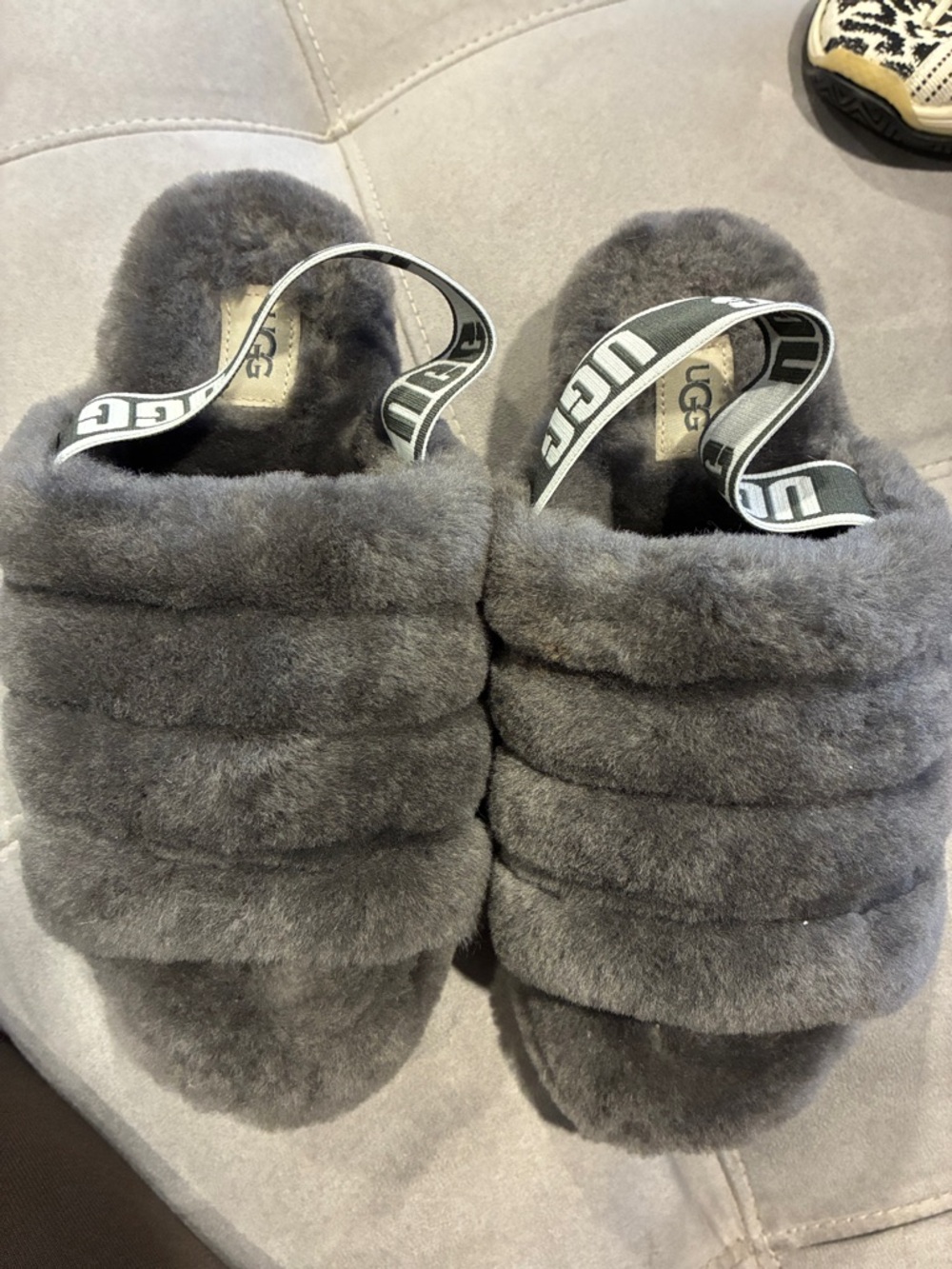 UGG Gray Plush Shearling Slide with Logo Heel Strap
